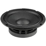 Low angled view of a black speaker showing its cone, shallow basket and two spade terminals