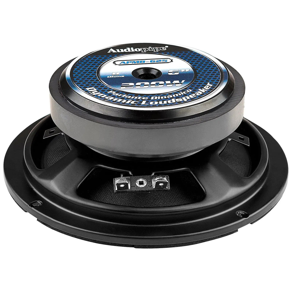 Rear angled view of an Audiopipe APMB-625 speaker with a 200W, 6-inch and 8-ohm magnet label