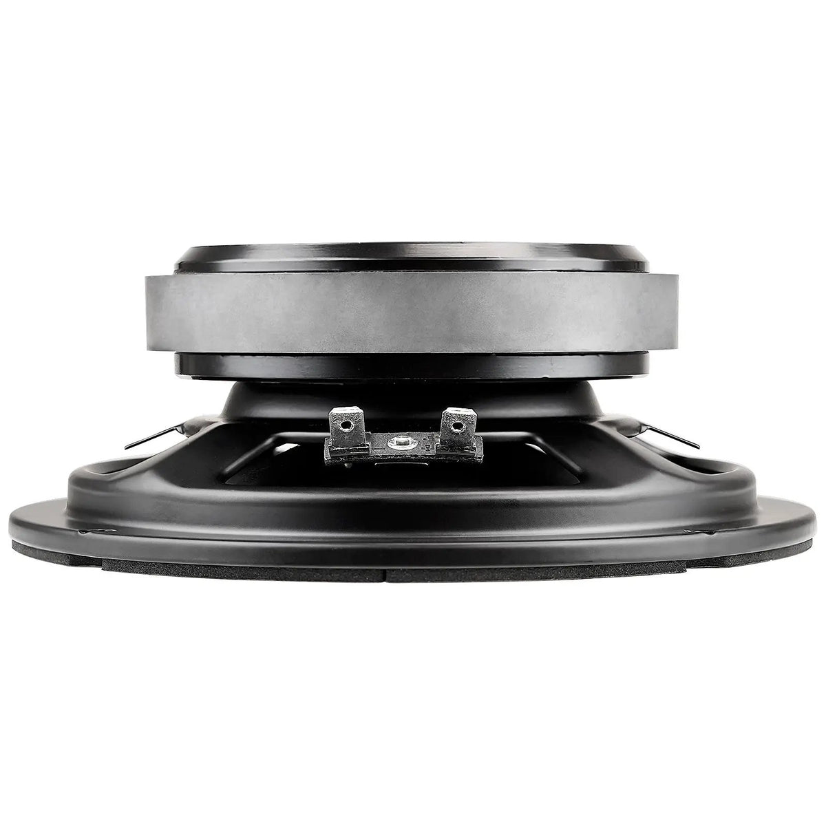 Rear side view of a black speaker showing its gray magnet, shallow basket and two spade terminals
