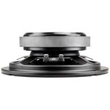 Rear side view of a black speaker showing its gray magnet, shallow basket and two spade terminals