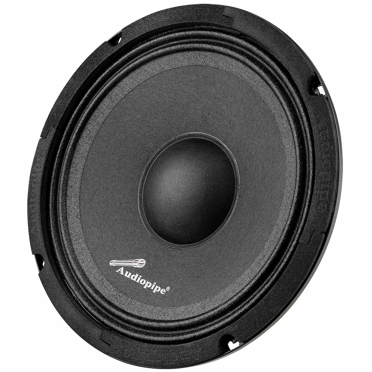 Opposite angled front view of a black Audiopipe speaker with a plain cone and domed dust cap