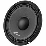 Opposite angled front view of a black Audiopipe speaker with a plain cone and domed dust cap