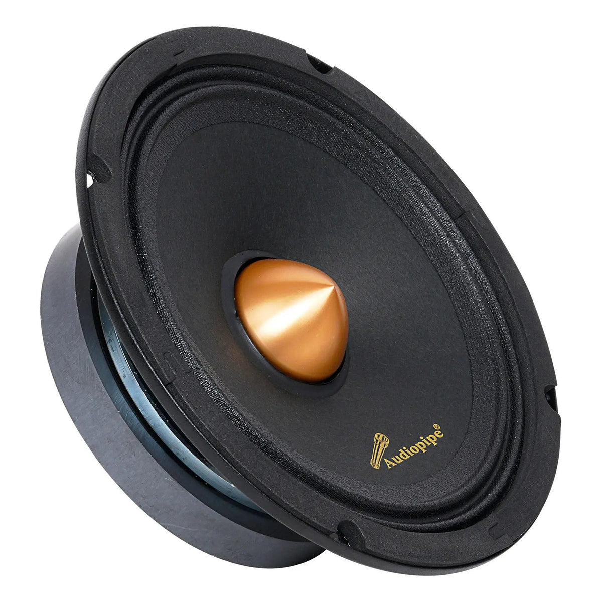 Angled black Audiopipe speaker with a gold bullet center and gold cone logo