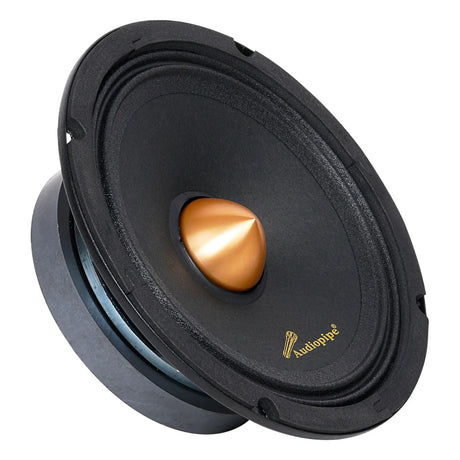 Angled black Audiopipe speaker with a gold bullet center and gold cone logo