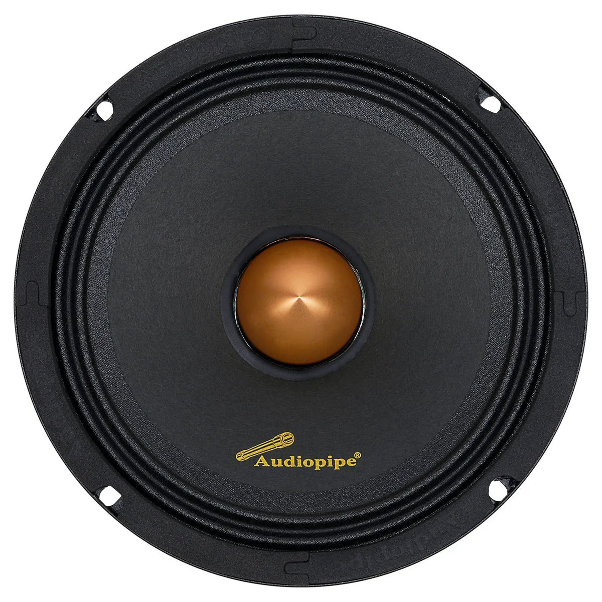 Front of an Audiopipe speaker with a gold center and four mounting holes