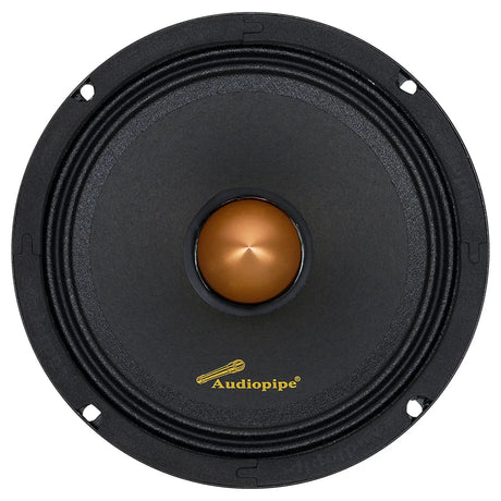 Front of an Audiopipe speaker with a gold center and four mounting holes