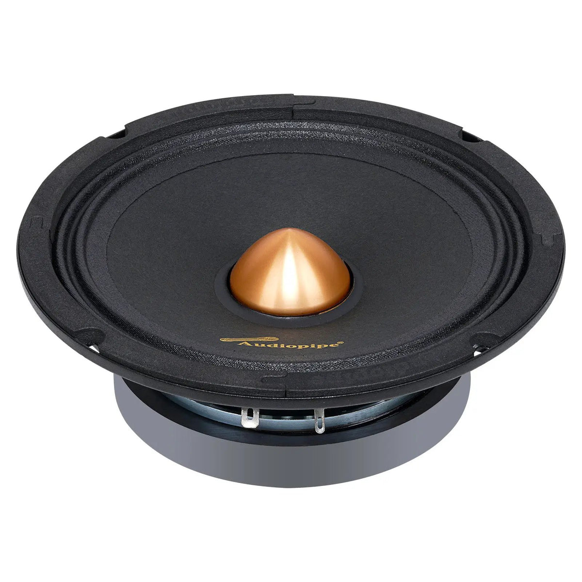 Angled black Audiopipe speaker with a gold bullet-shaped center and exposed basket terminals