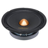 Angled black Audiopipe speaker with a gold bullet-shaped center and exposed basket terminals