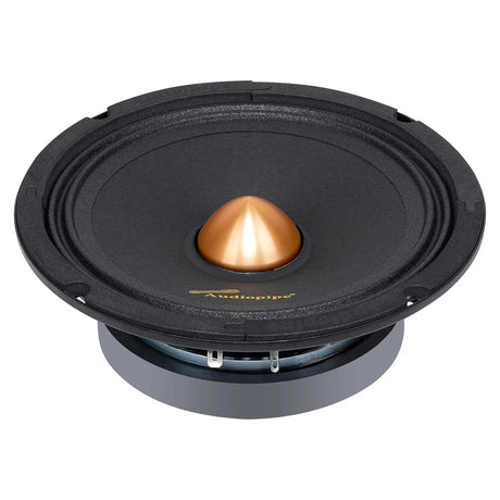 Angled black Audiopipe speaker with a gold bullet-shaped center and exposed basket terminals