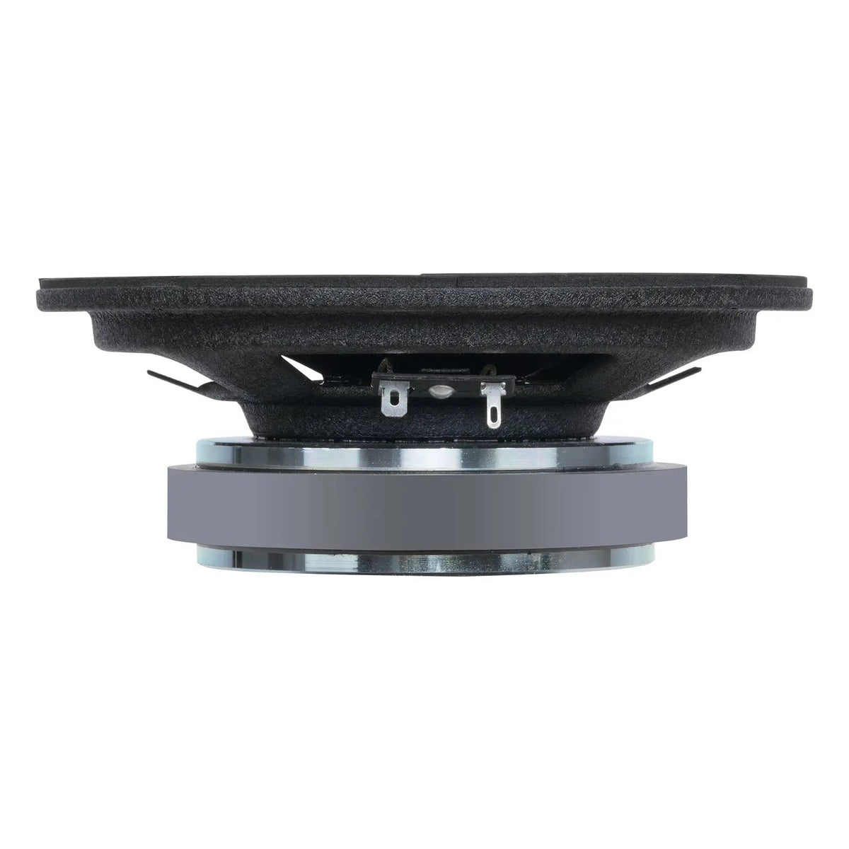 Side profile of a black speaker showing its basket openings, silver magnet and terminals