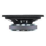 Side profile of a black speaker showing its basket openings, silver magnet and terminals