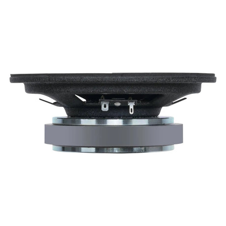 Side profile of a black speaker showing its basket openings, silver magnet and terminals