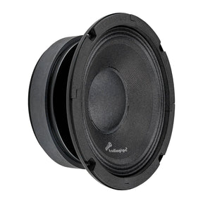 Angled front view of a black Audiopipe speaker with a textured cone and round dust cap