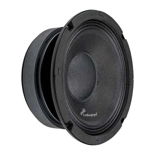 Angled front view of a black Audiopipe speaker with a textured cone and round dust cap