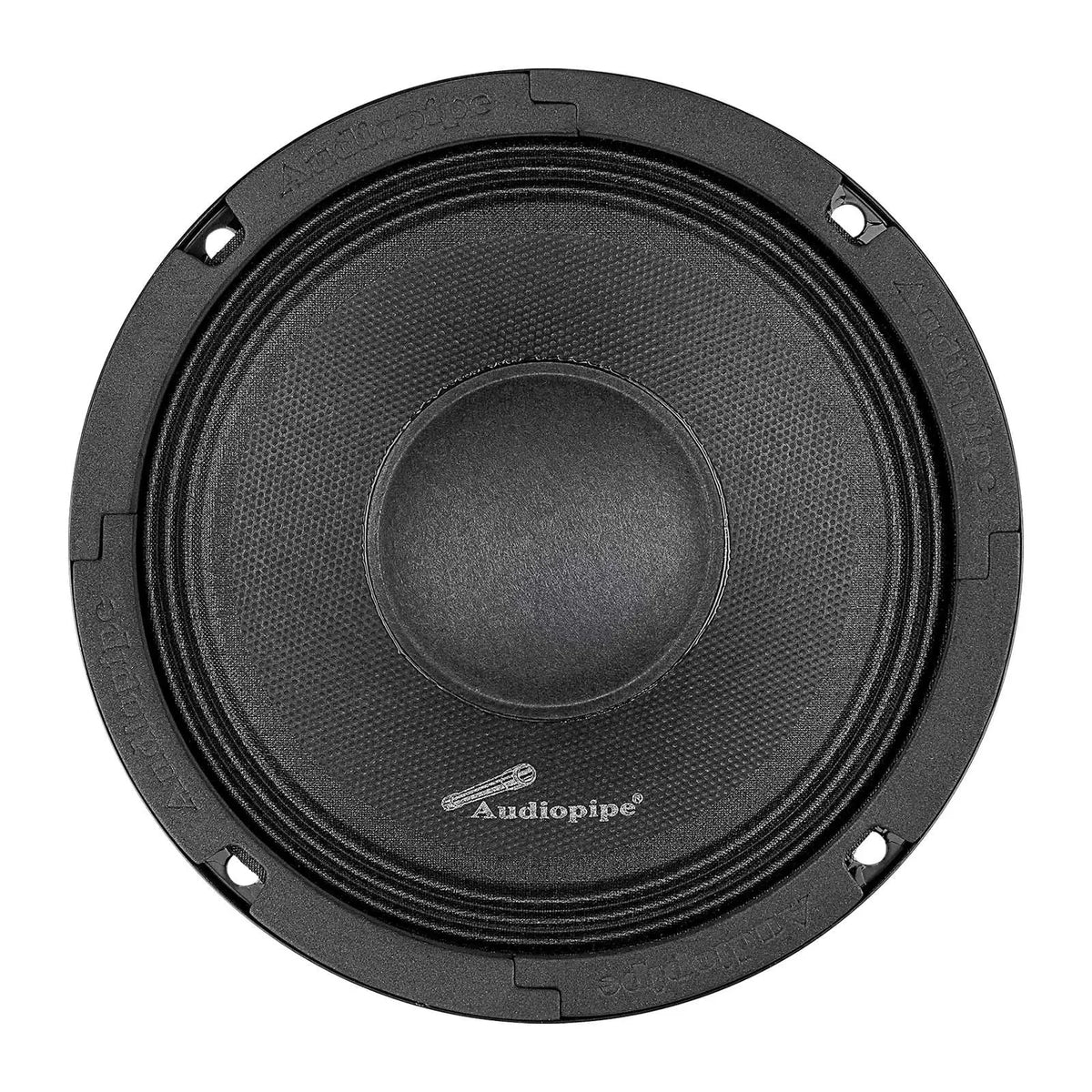 Front view of a black Audiopipe speaker with a textured cone, round dust cap and mounting slots
