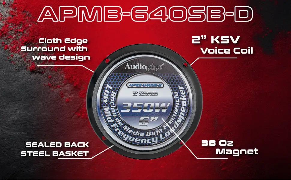Audiopipe APMB-640SB-D graphic highlighting a cloth surround, 2-inch KSV voice coil, sealed steel basket and 38-ounce magnet