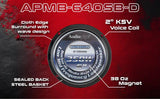 Audiopipe APMB-640SB-D graphic highlighting a cloth surround, 2-inch KSV voice coil, sealed steel basket and 38-ounce magnet