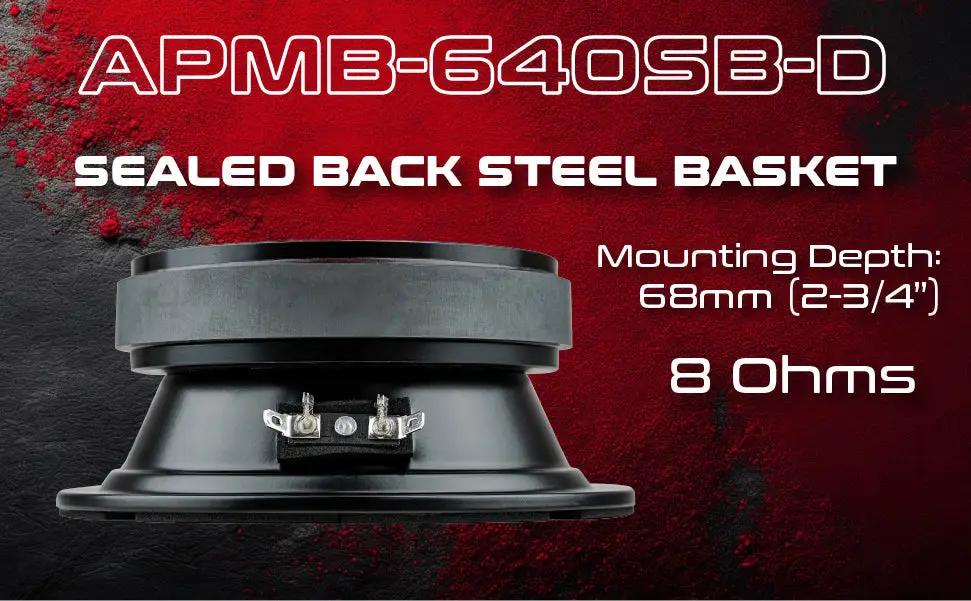 Audiopipe APMB-640SB-D graphic showing a sealed-back steel basket, 68 mm mounting depth and 8-ohm impedance