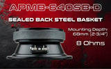 Audiopipe APMB-640SB-D graphic showing a sealed-back steel basket, 68 mm mounting depth and 8-ohm impedance
