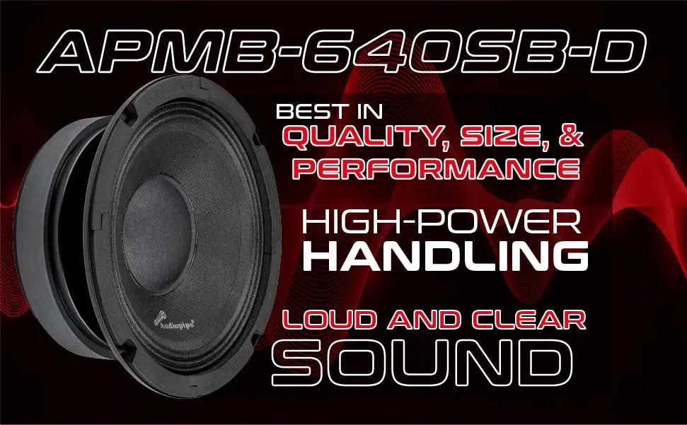 Audiopipe APMB-640SB-D promotional graphic highlighting power and sound quality