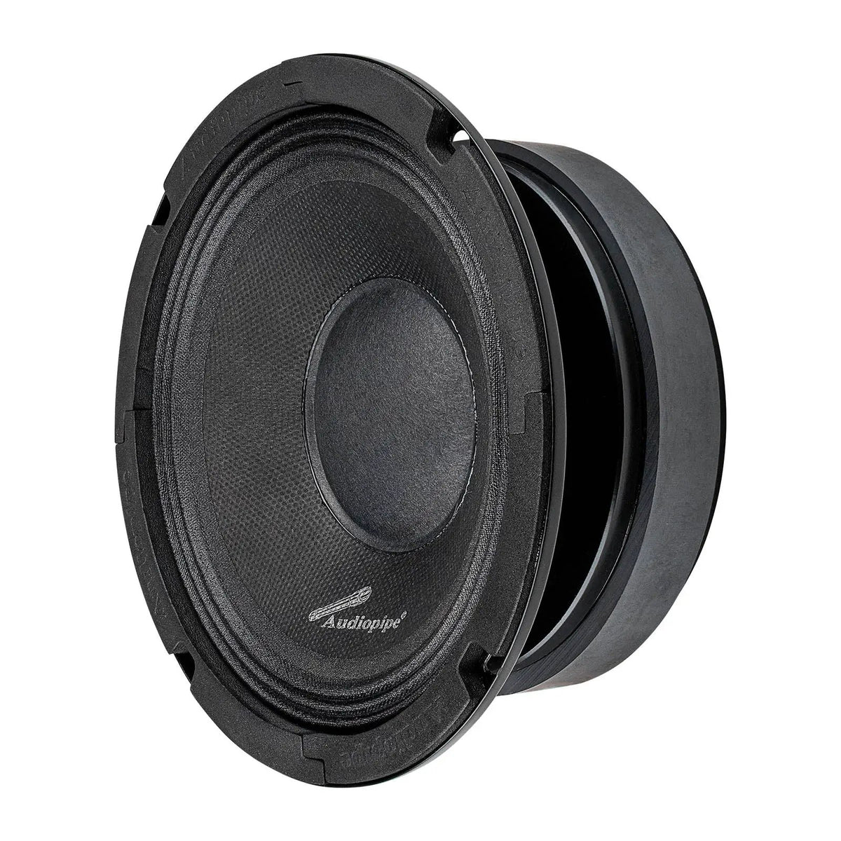 Angled front view of a black Audiopipe speaker with a textured cone and round dust cap