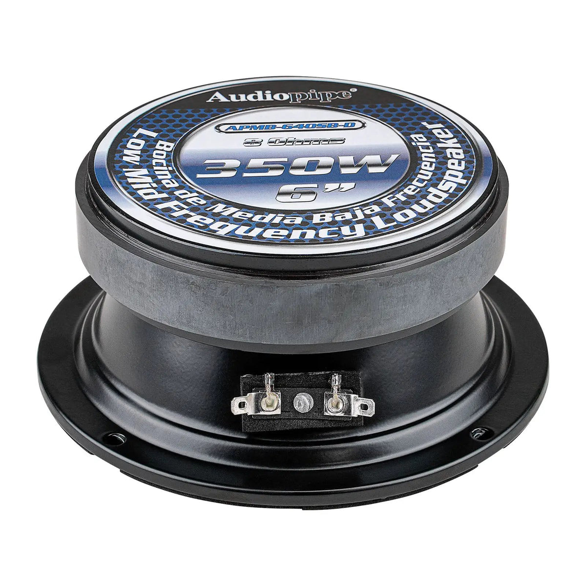 Rear angled view of an Audiopipe APMB-640SB-D speaker with its 6-inch and 350 W magnet label