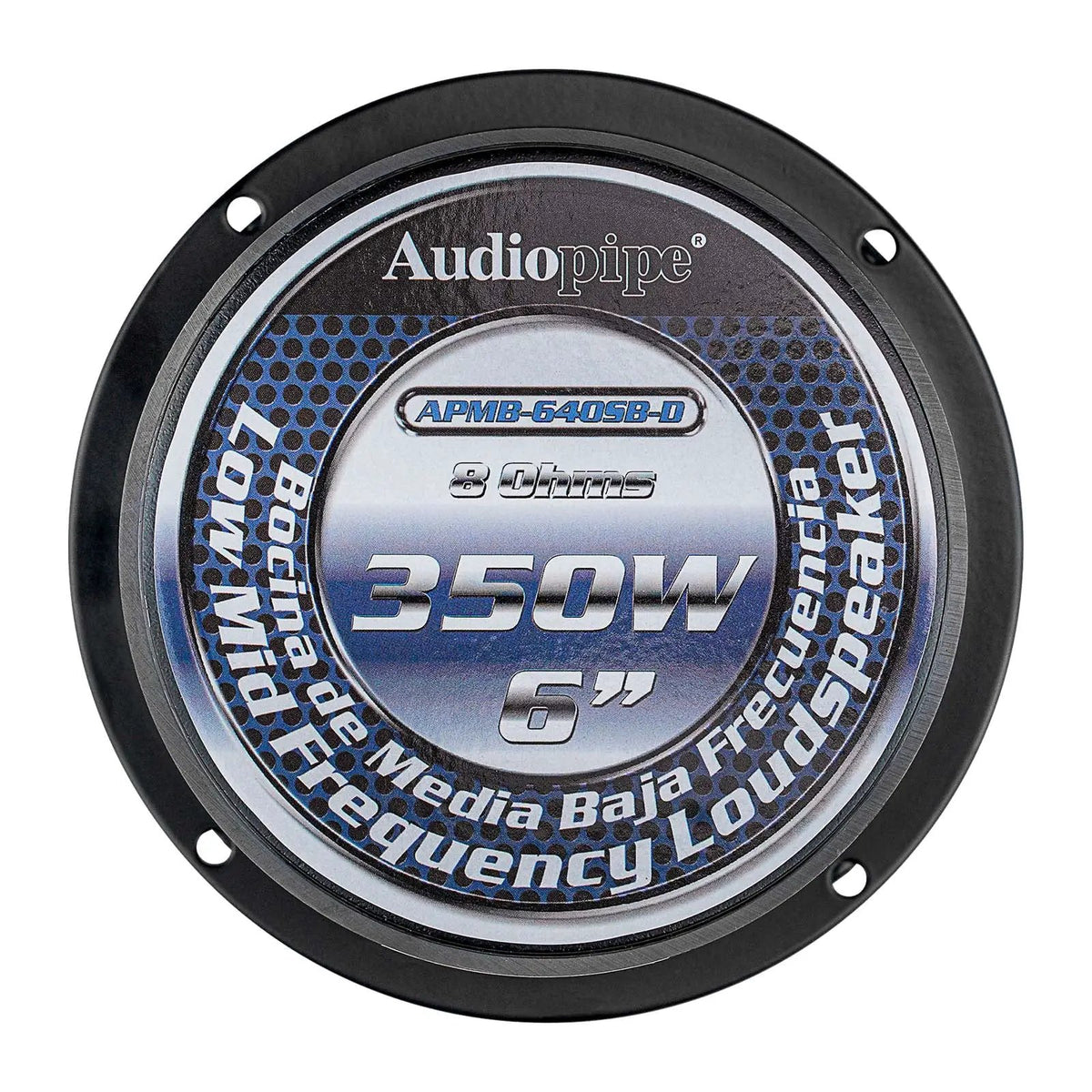 Audiopipe APMB-640SB-D rear label showing 6-inch size, 8-ohm impedance and 350W marking