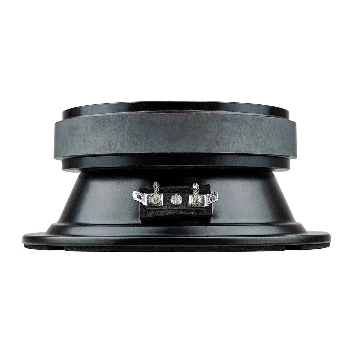 Side and rear view of midrange speaker showing its basket, magnet and terminals
