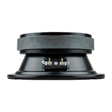 Side and rear view of midrange speaker showing its basket, magnet and terminals