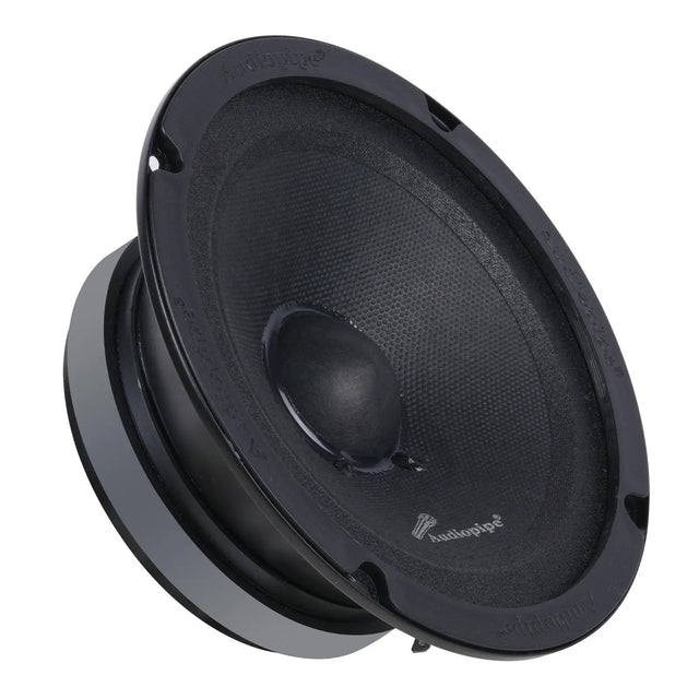 Angled view of a black Audiopipe speaker with a domed dust cap and shallow magnet