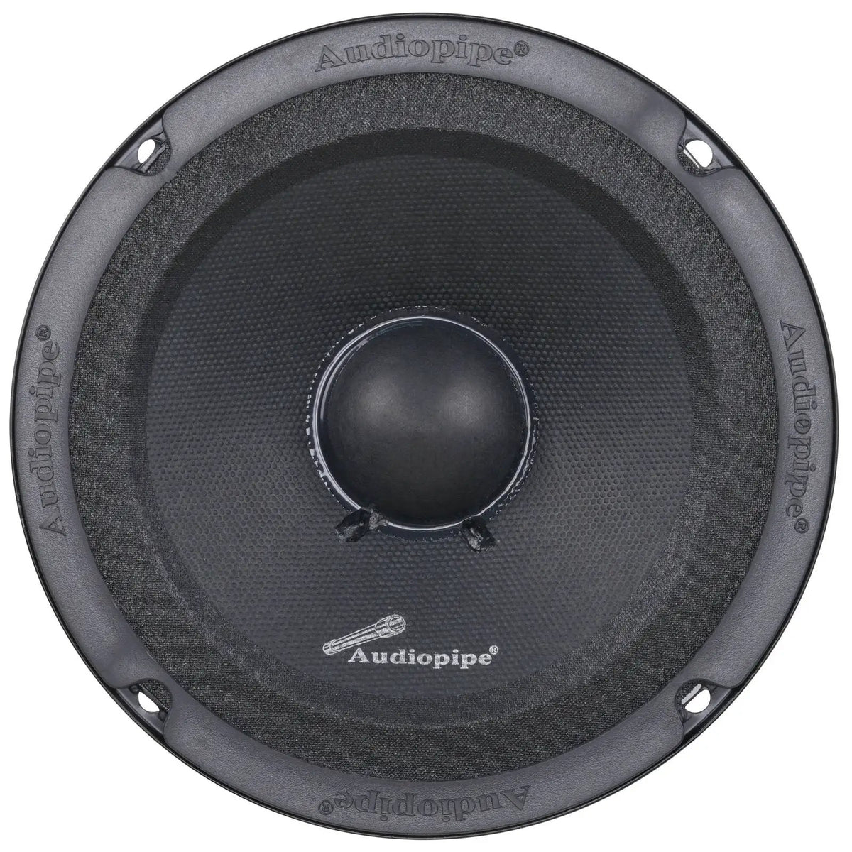 Front view of black Audiopipe midrange speaker with rounded center cap