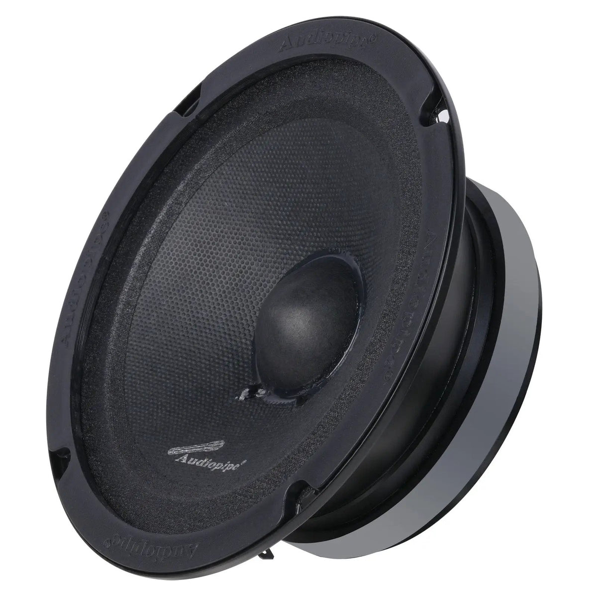 Audiopipe midrange loudspeaker with a black cone, angled view