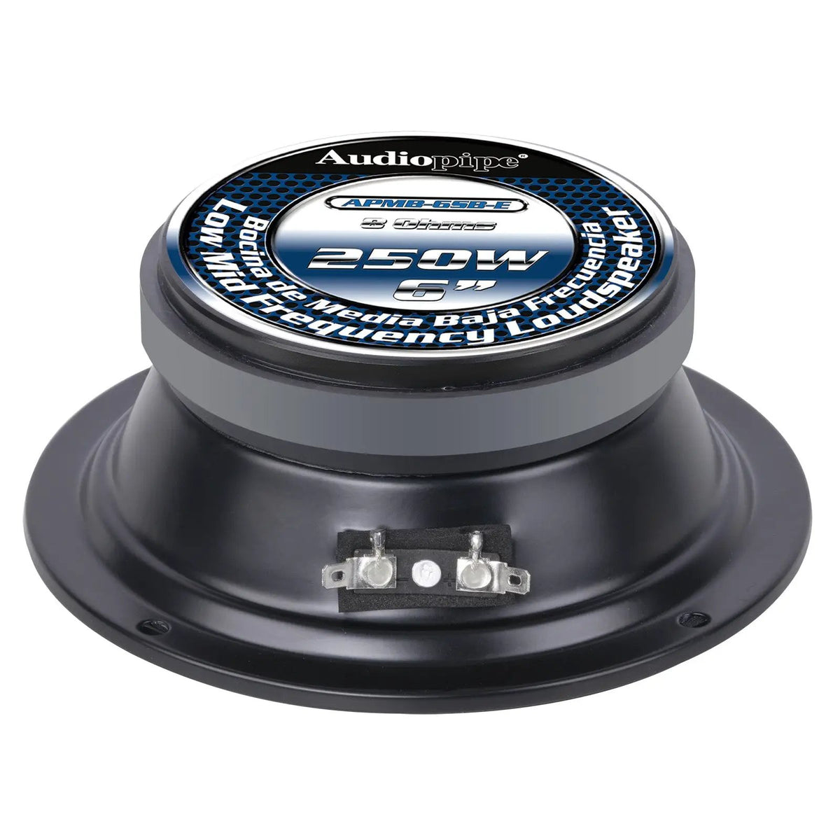 Rear of Audiopipe midrange speaker with blue-and-white magnet label and terminals