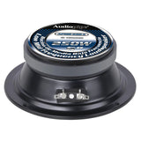 Rear of Audiopipe midrange speaker with blue-and-white magnet label and terminals
