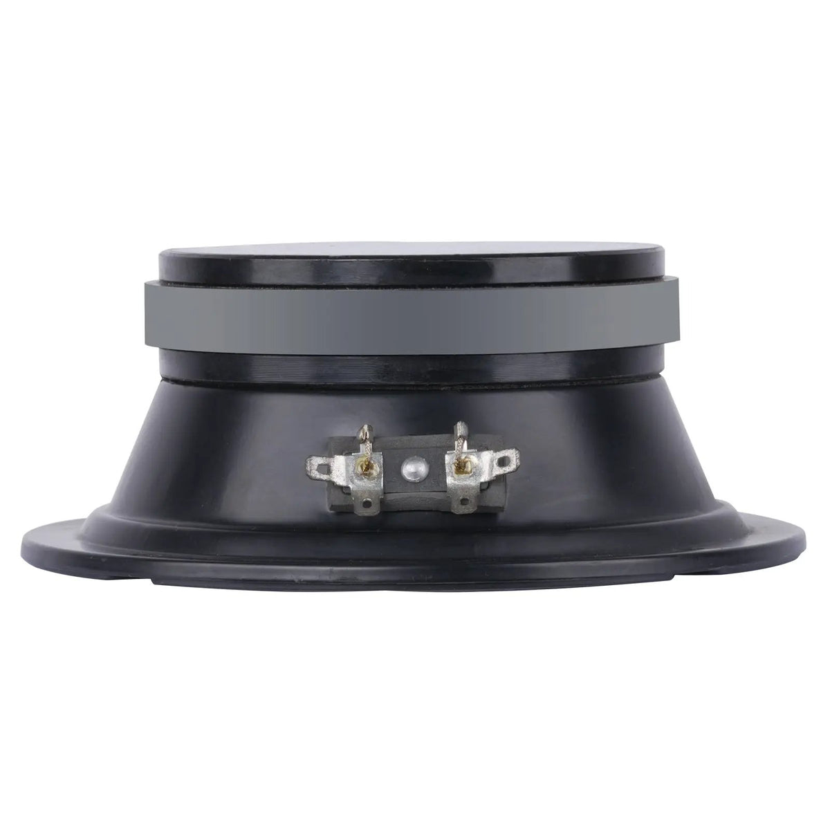 Rear side view of a shallow black speaker showing its gray magnet and two spade terminals