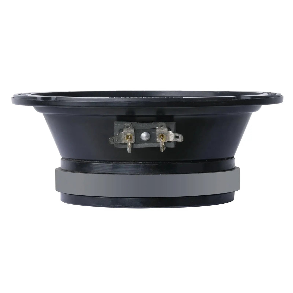 Side view of a shallow black speaker showing its basket, gray magnet and two spade terminals
