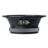 Side view of a shallow black speaker showing its basket, gray magnet and two spade terminals