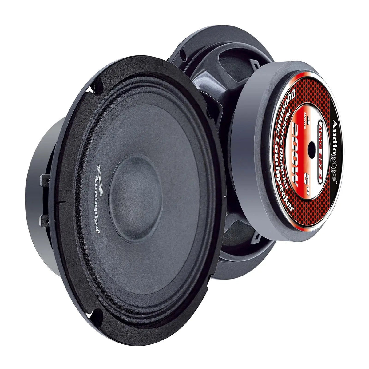 Two Audiopipe APMB-627-4 speakers showing the front cone and labeled rear magnet