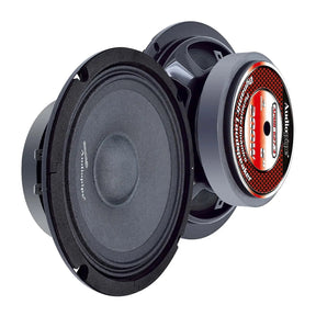Two Audiopipe APMB-627-4 speakers showing the front cone and labeled rear magnet