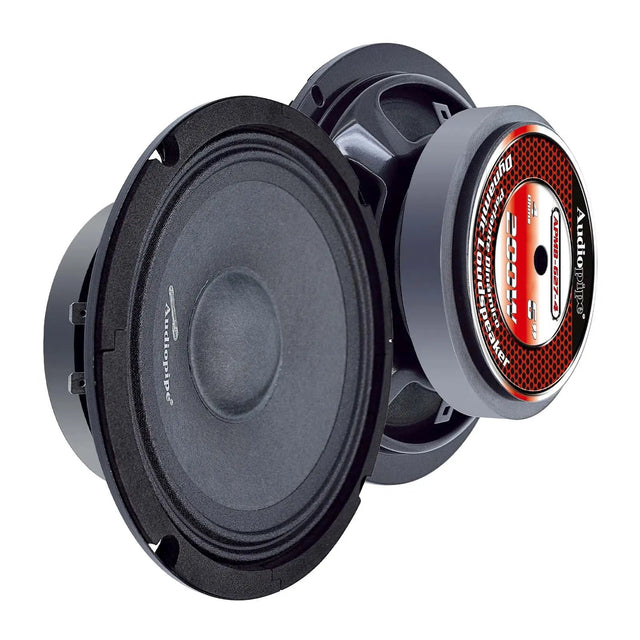 Two Audiopipe APMB-627-4 speakers showing the front cone and labeled rear magnet
