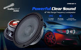 Audiopipe APMB-627-4 feature card showing front and rear views and a 6-inch midrange speaker label
