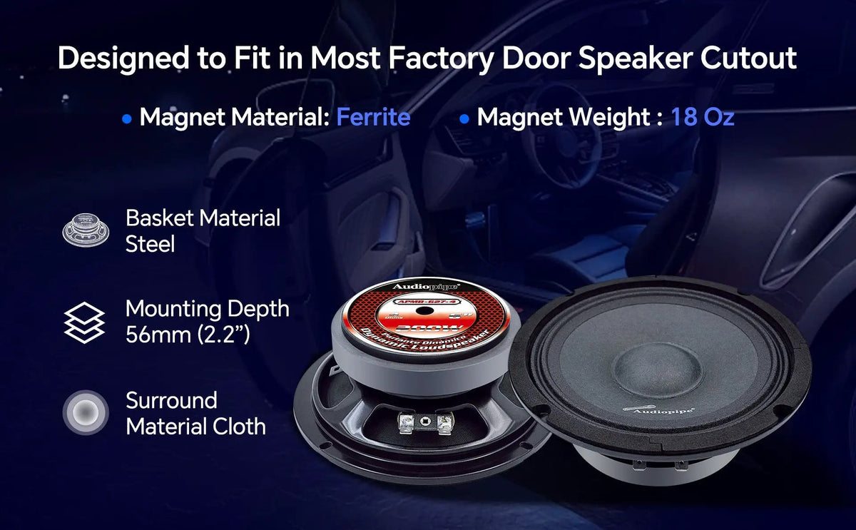 Audiopipe APMB-627-4 material and mounting card listing a steel basket and 56 mm mounting depth