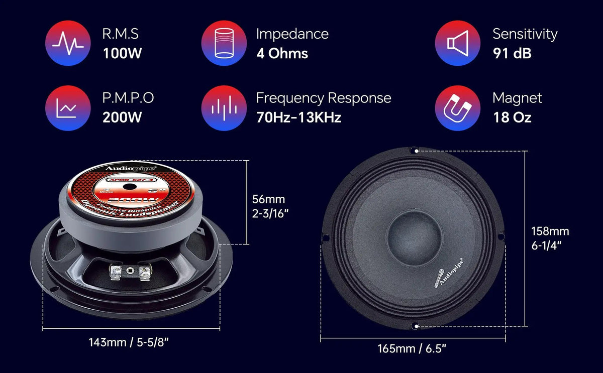 APMB-627-4 specifications graphic listing 100 W RMS, 4 ohms and speaker dimensions