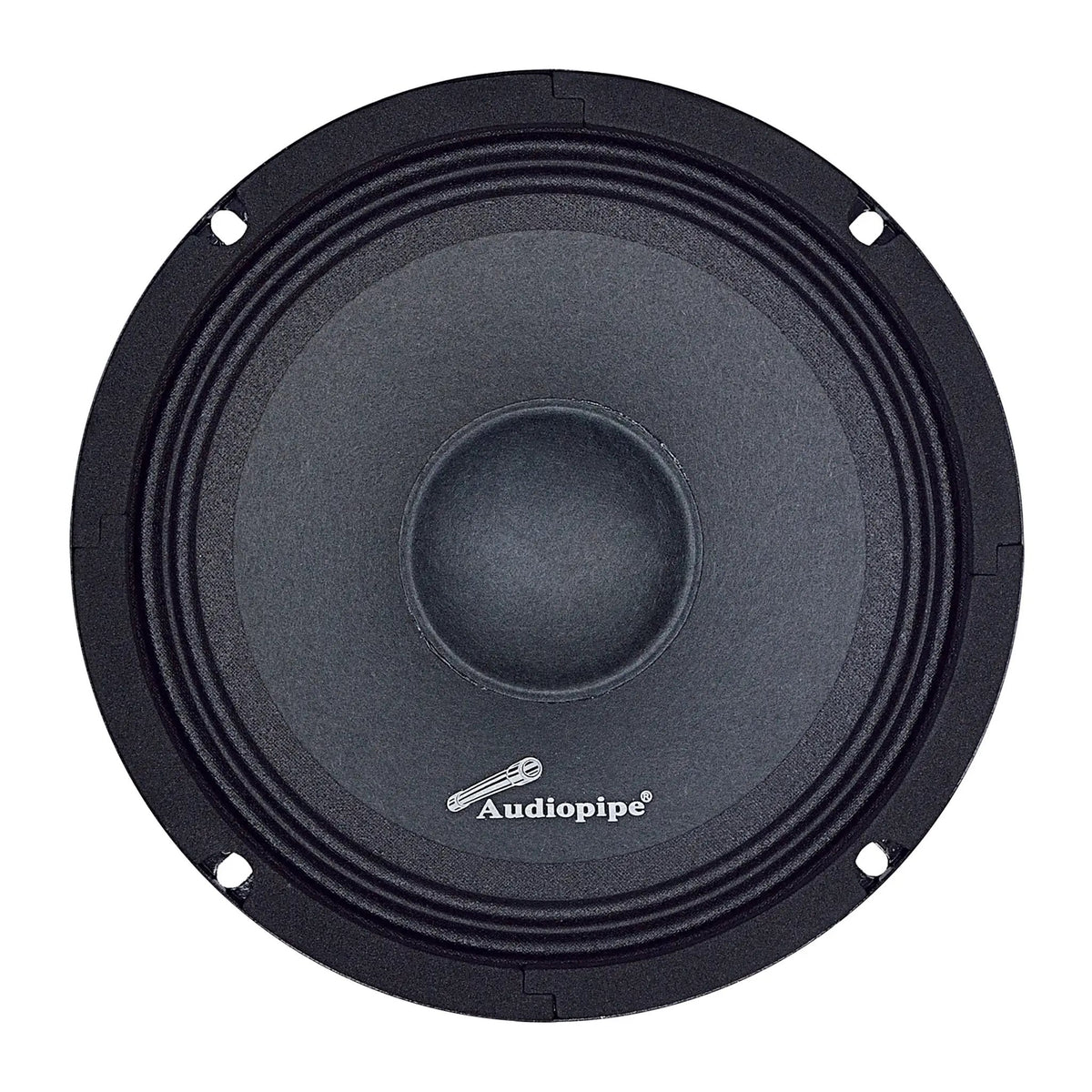 Front view of an Audiopipe speaker with a black cone, rounded dust cap and four mounting holes