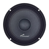Front view of an Audiopipe speaker with a black cone, rounded dust cap and four mounting holes