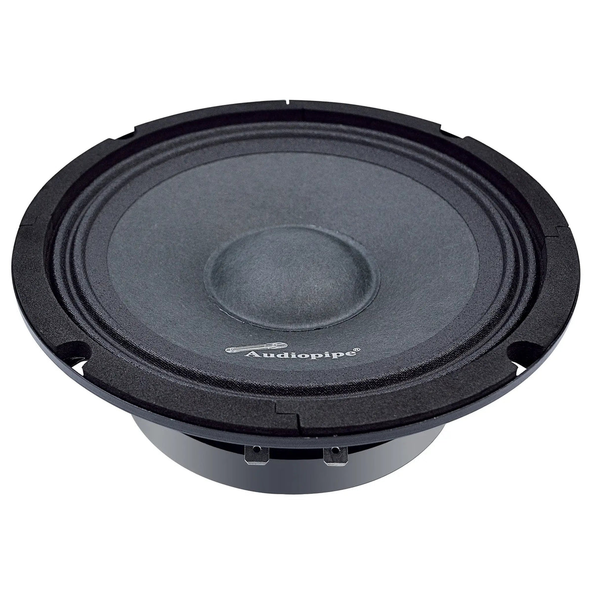 Angled front view of a black Audiopipe speaker with two terminals beneath the basket
