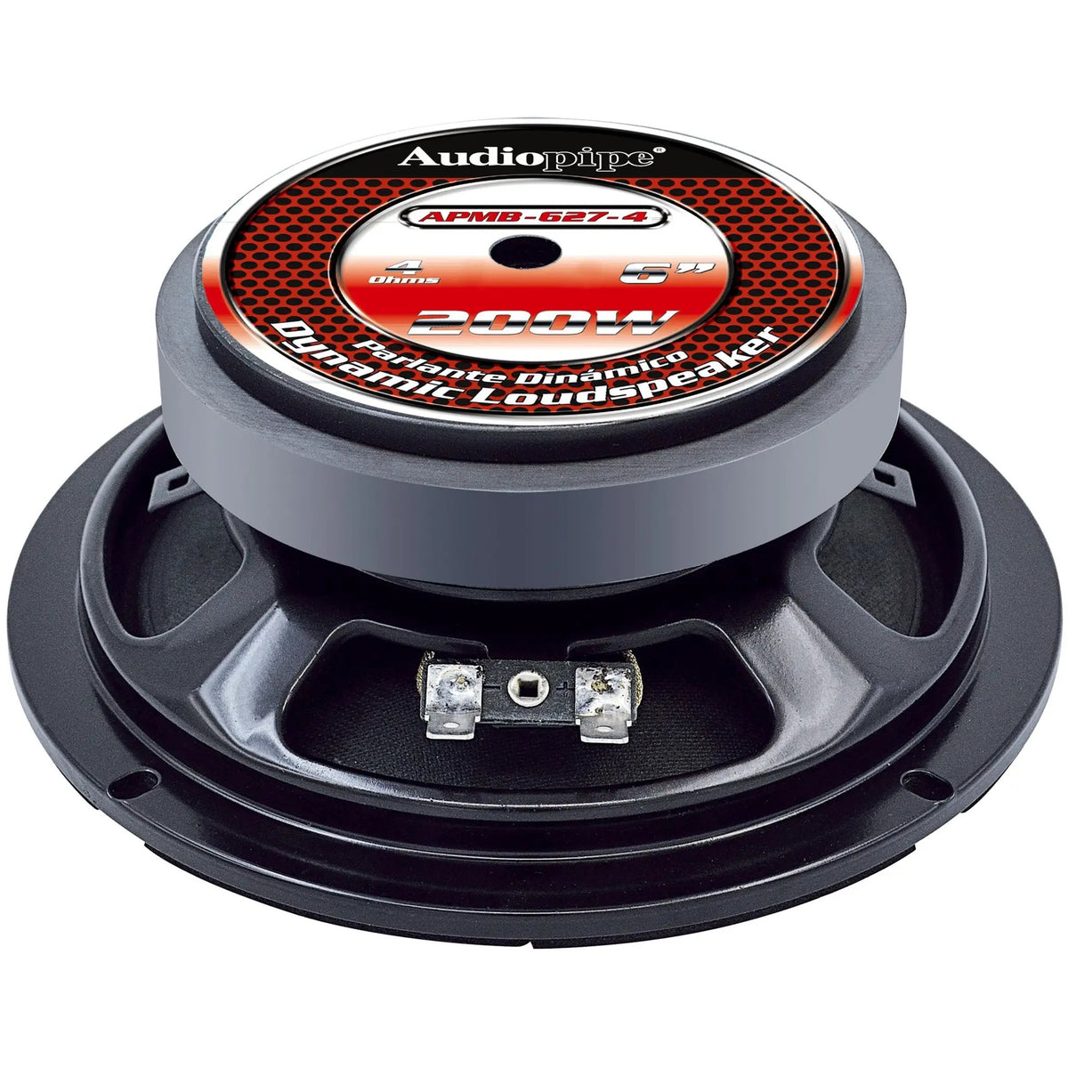 Rear view of an Audiopipe APMB-627-4 speaker with a red magnet label and two terminals