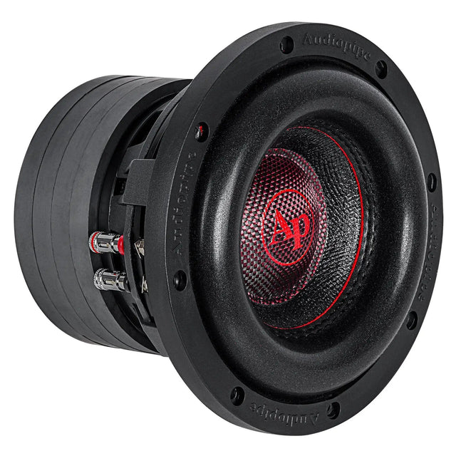 Angled front view of an Audiopipe subwoofer with stacked magnet and red-and-black terminals