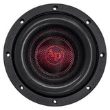 Front view of an Audiopipe subwoofer with textured cone, red AP logo and mounting holes