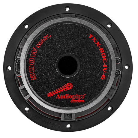 Rear view of an Audiopipe subwoofer with TXX-BDC-IV-6 and 500W Max markings around its magnet vent